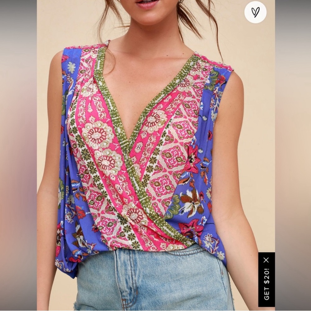 Free People Havana Blue Floral Print Sleeveless Surplice Top